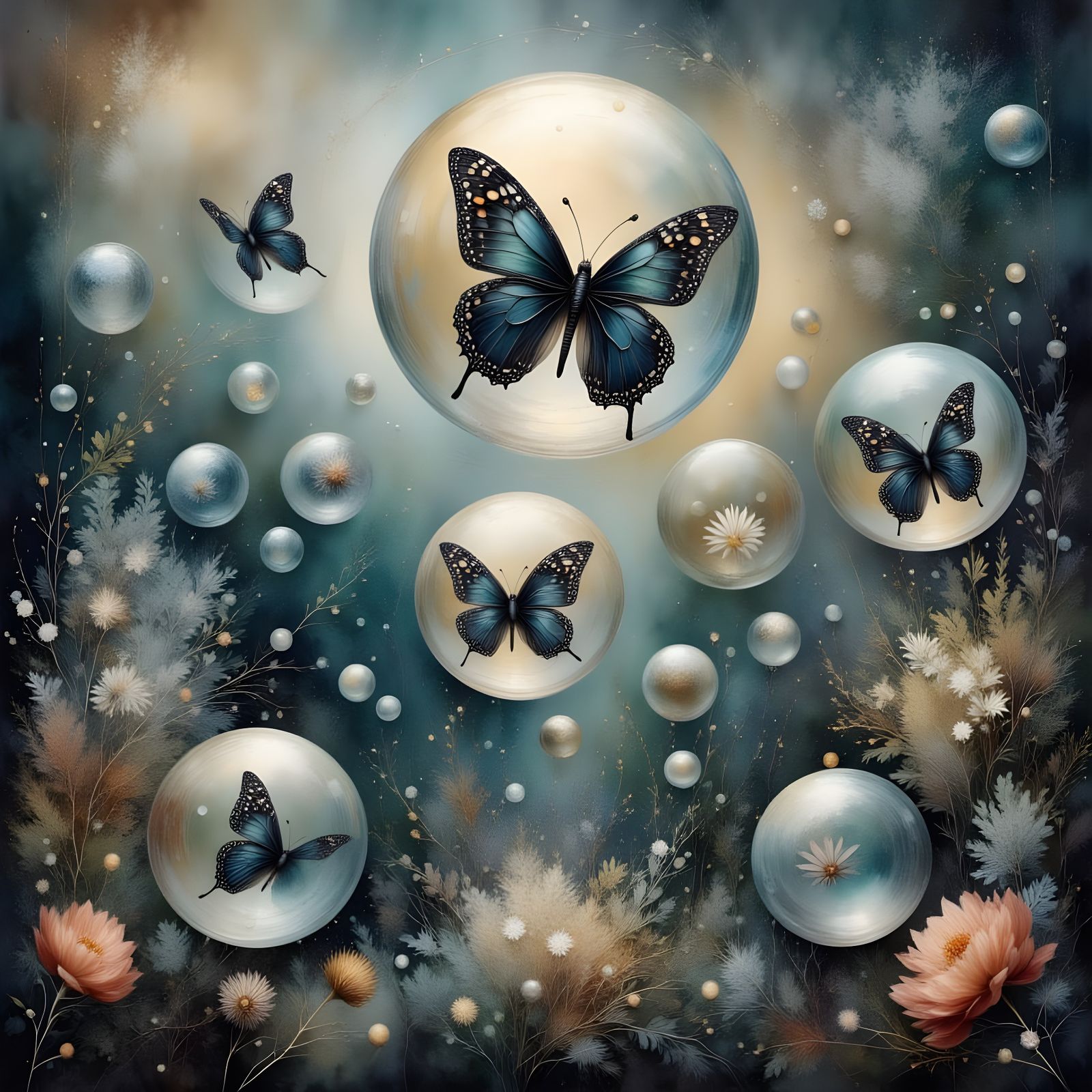 Butterflies in Transparent Bubbles with Vintage Garden Backg...