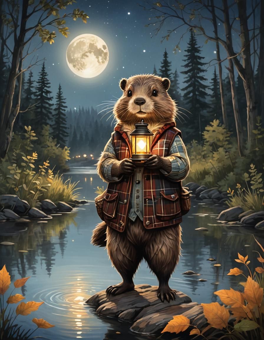Fluffy Beaver with Lantern on Peaceful Riverbank