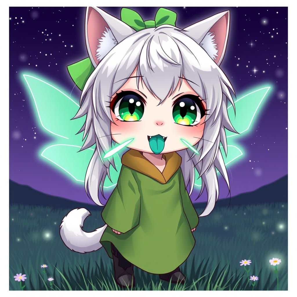 Cute Anime-Style Catgirl in Whimsical Nighttime Scene