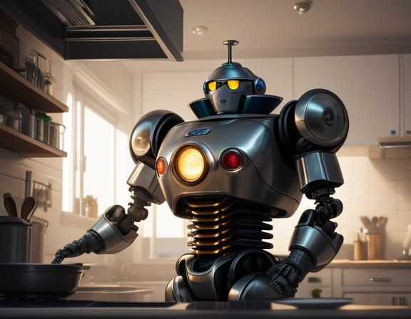 Adorable Toy Robot Explores Giant Kitchen in Whimsical Illus...