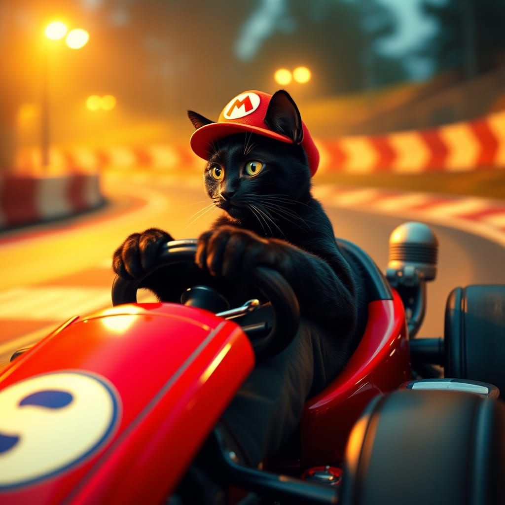Feline Mario Kart Driver in Cinematic Style
