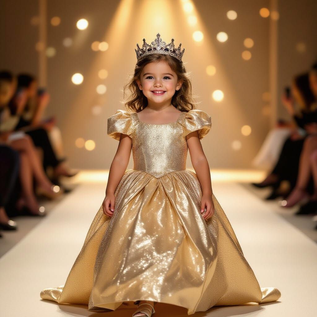 Adorable Girl in Gold Gown on Fashion Runway
