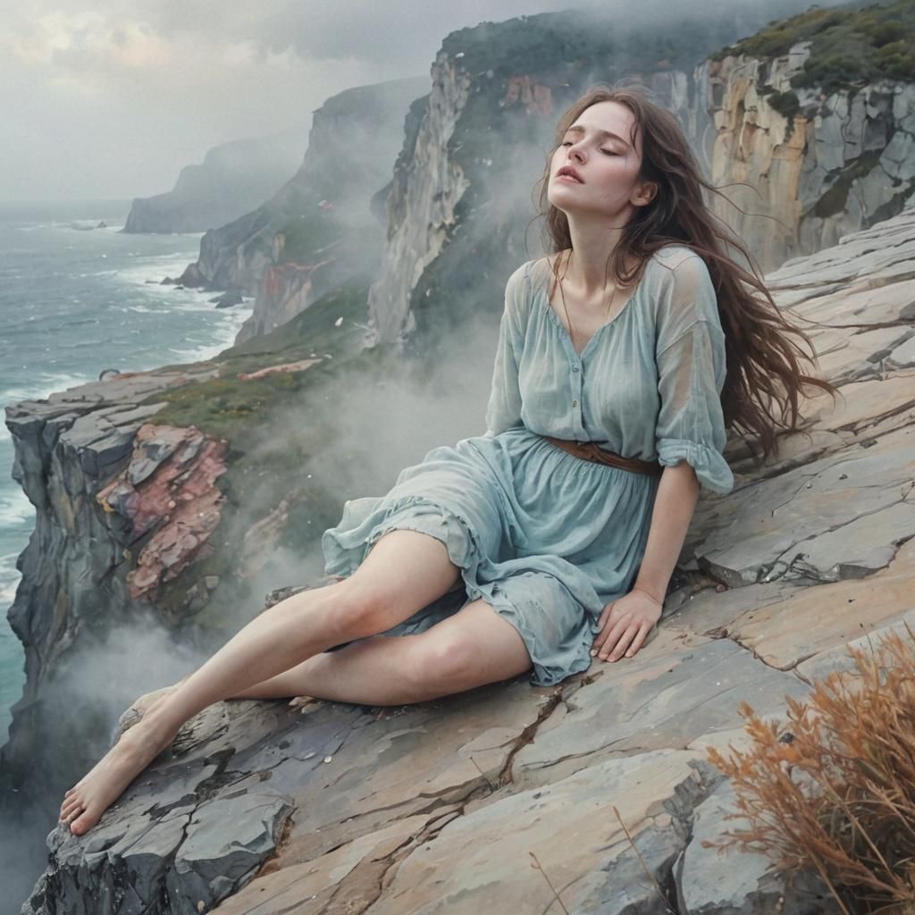 Woman's Grief at Cliff Edge: Watercolor Concept Art