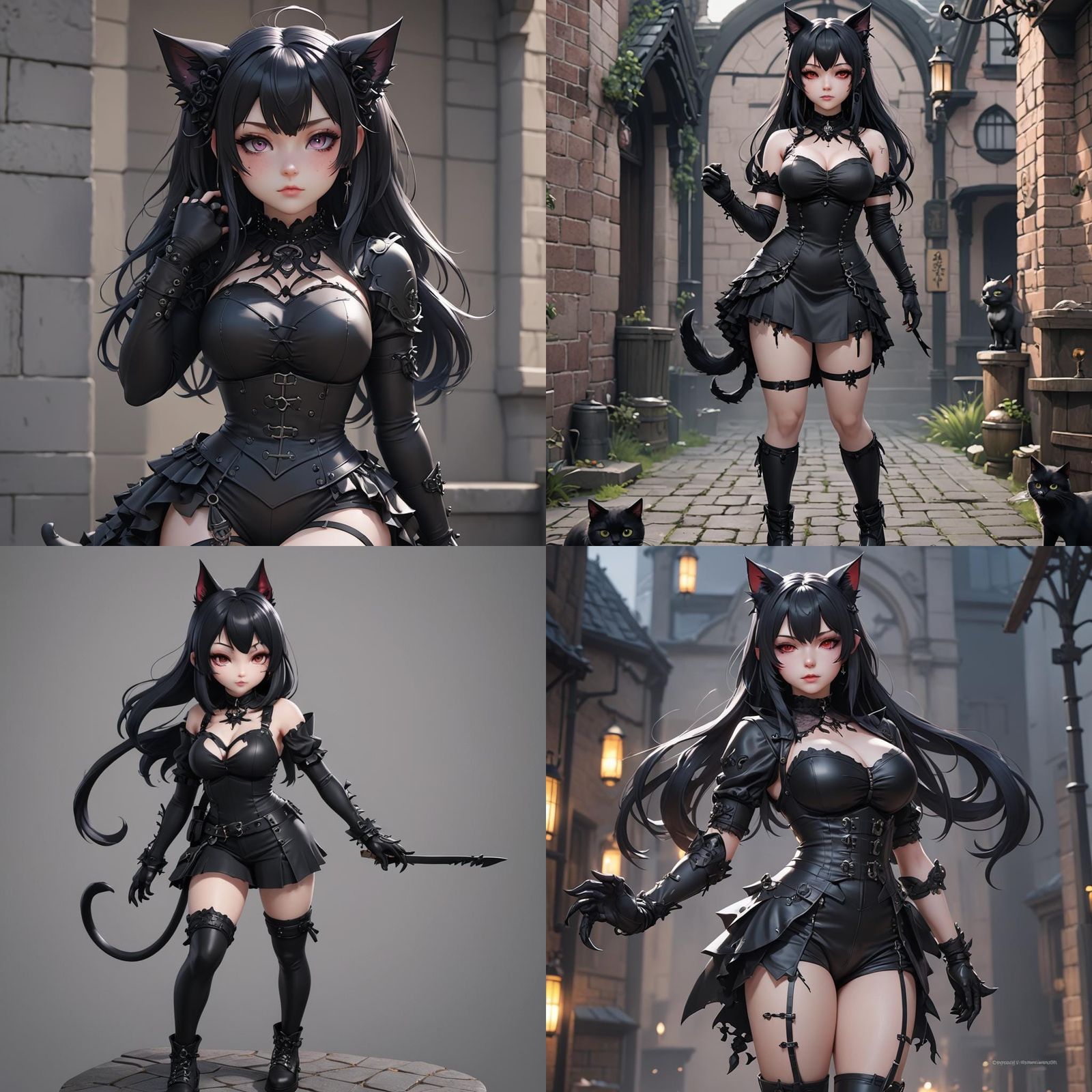 Goth Curvy Catgirl in 3D Anime Art