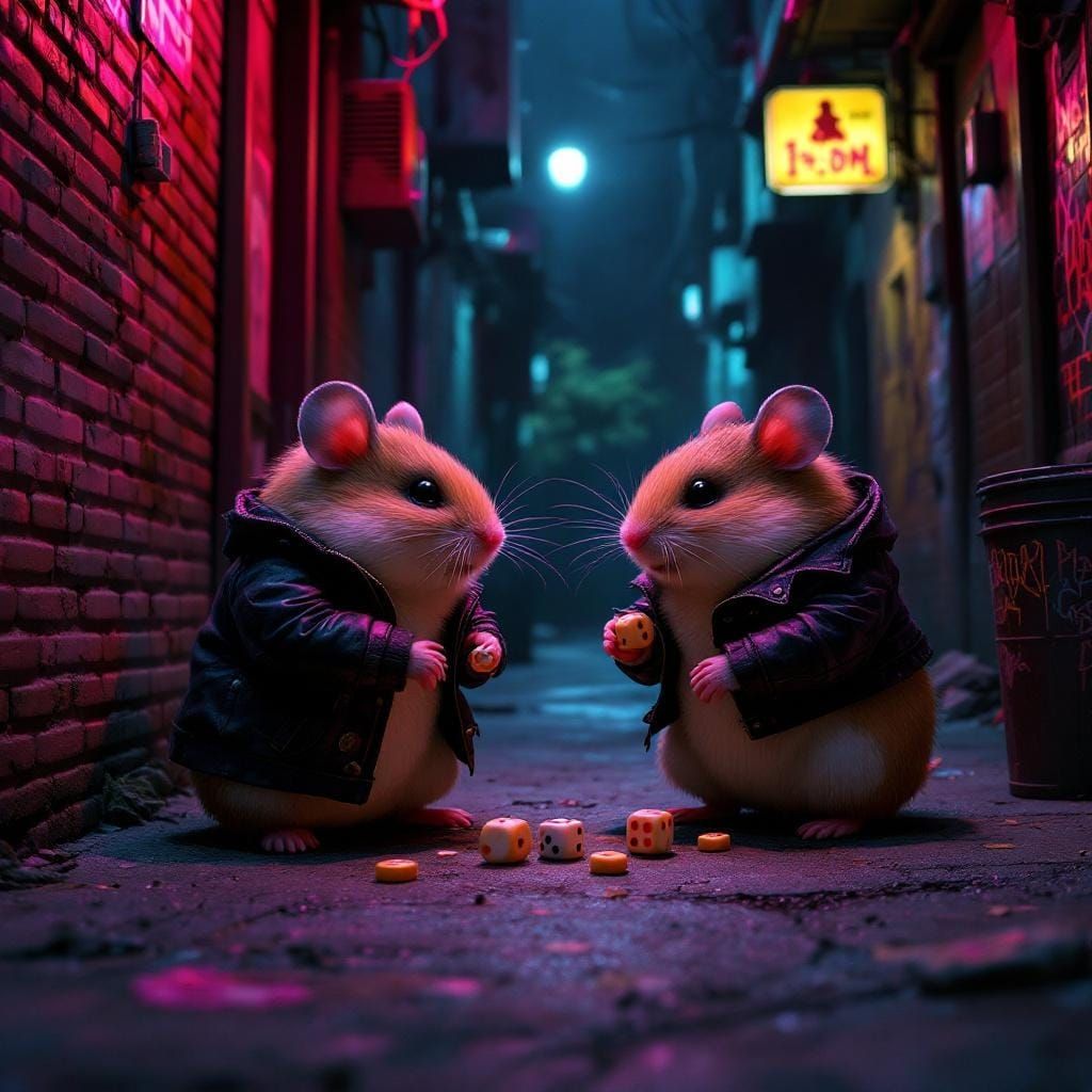 Hamsters Gambling in Noir Alley with Neon Glow