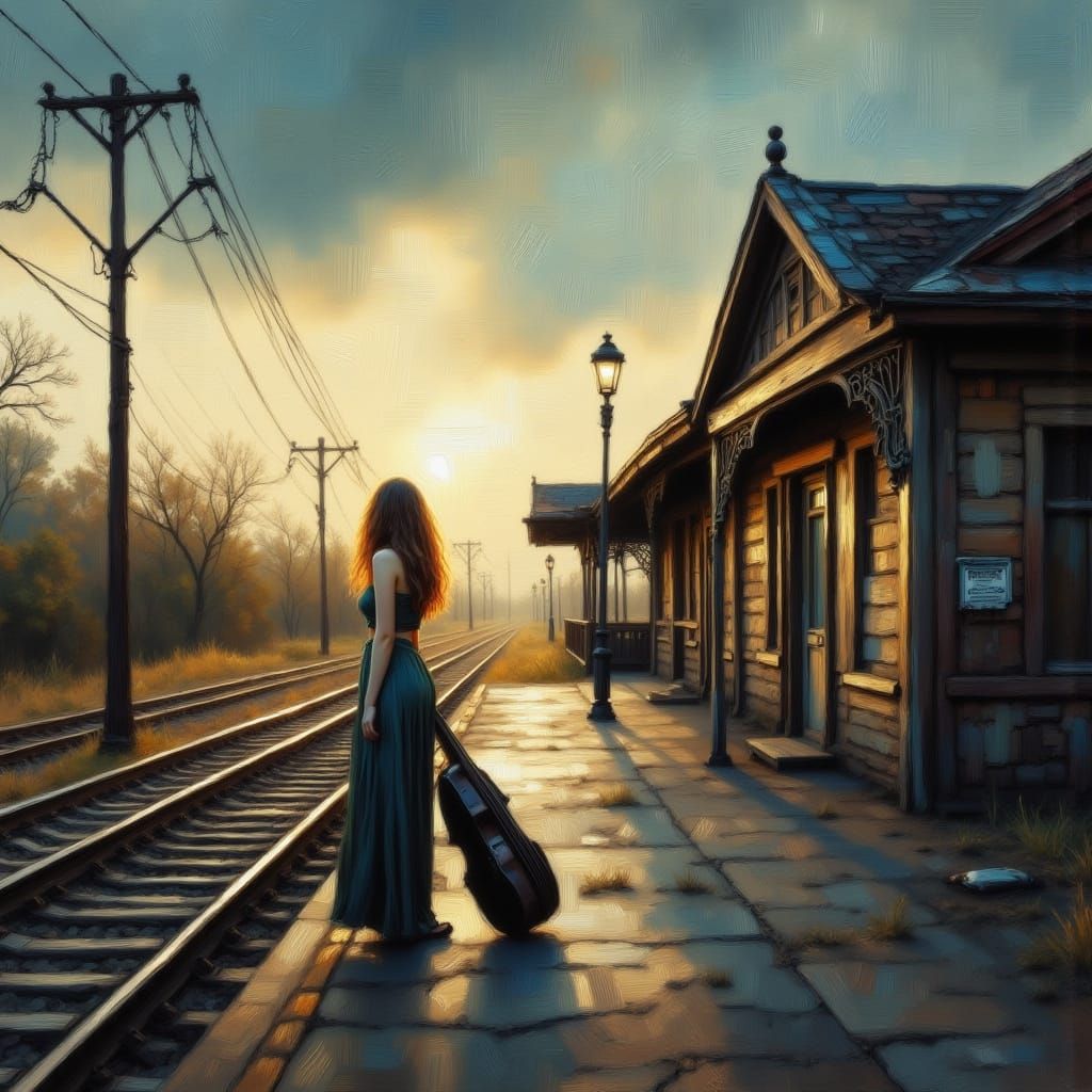 Woman with Cello on Train Platform at Dawn