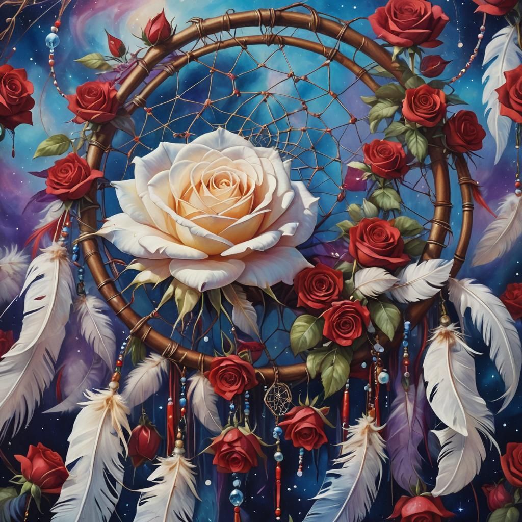 Surreal White Rose Dreamcatcher in Vibrant Oil Painting