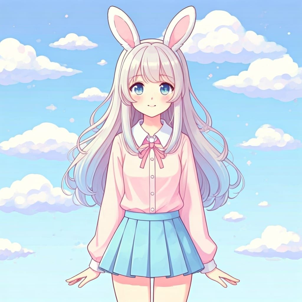 Pastel Anime Girl with Bunny Ears, Digital Art