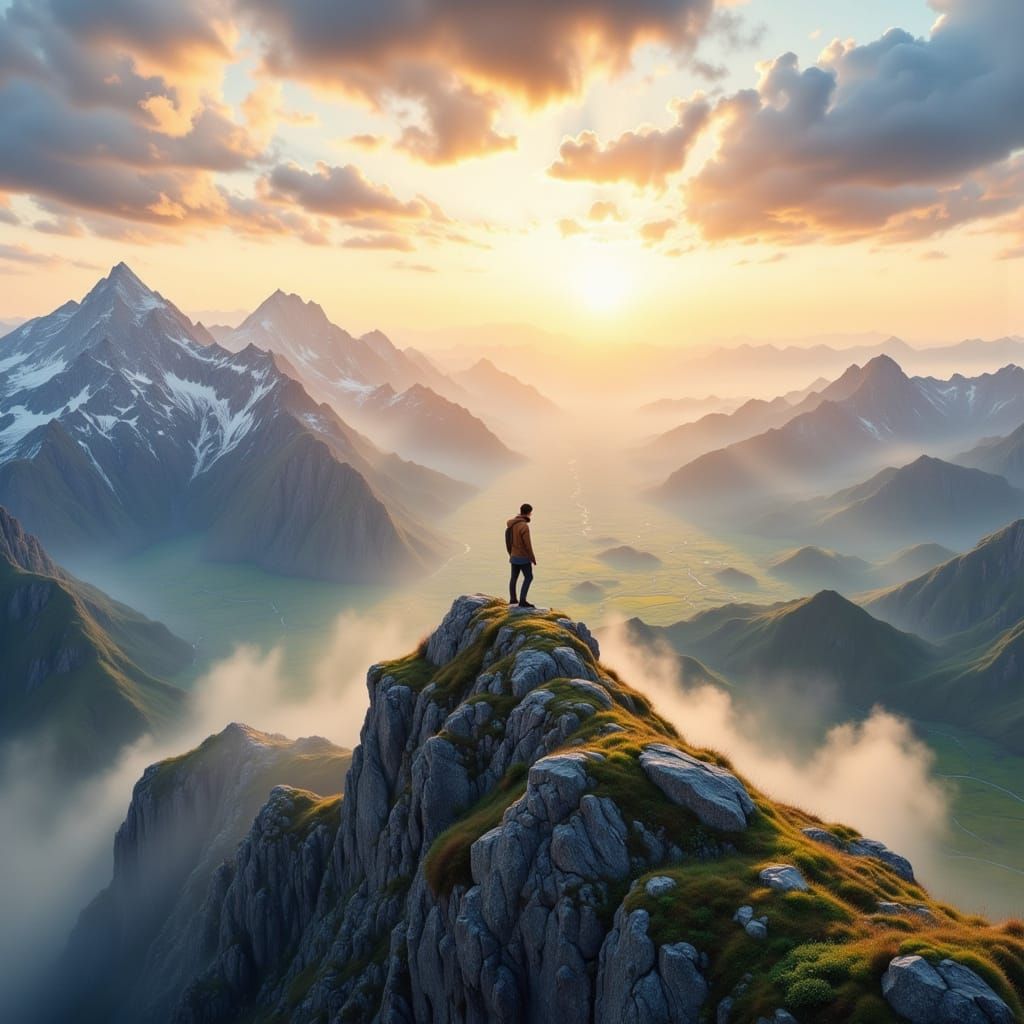 Sunrise Summit Serenity: Figure on Snowy Peak