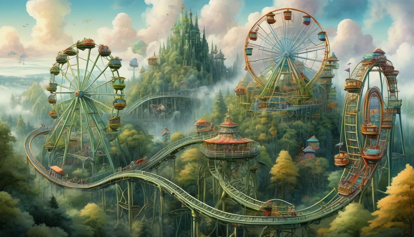 Fantasy Amusement Park with Fairies, Watercolor Style