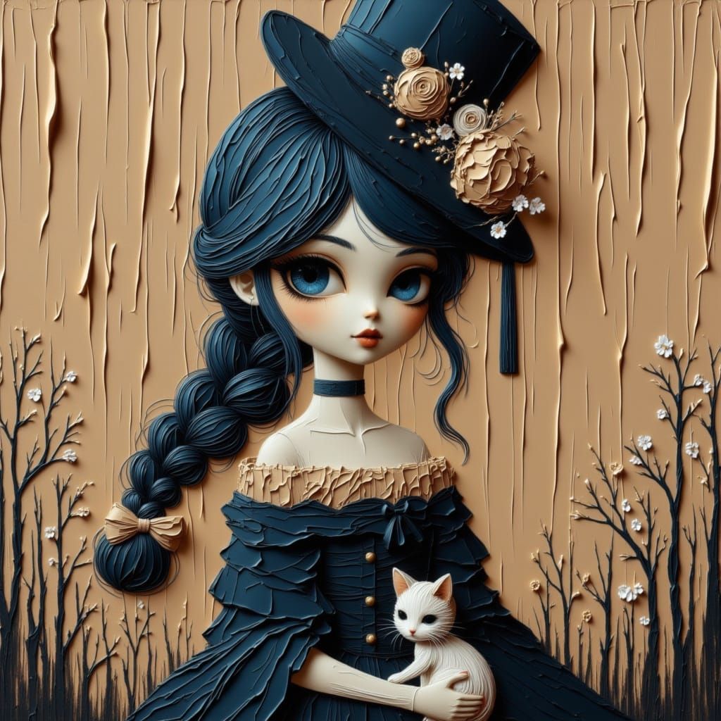 Beautiful Woman in Blue with Kitten and Top Hat