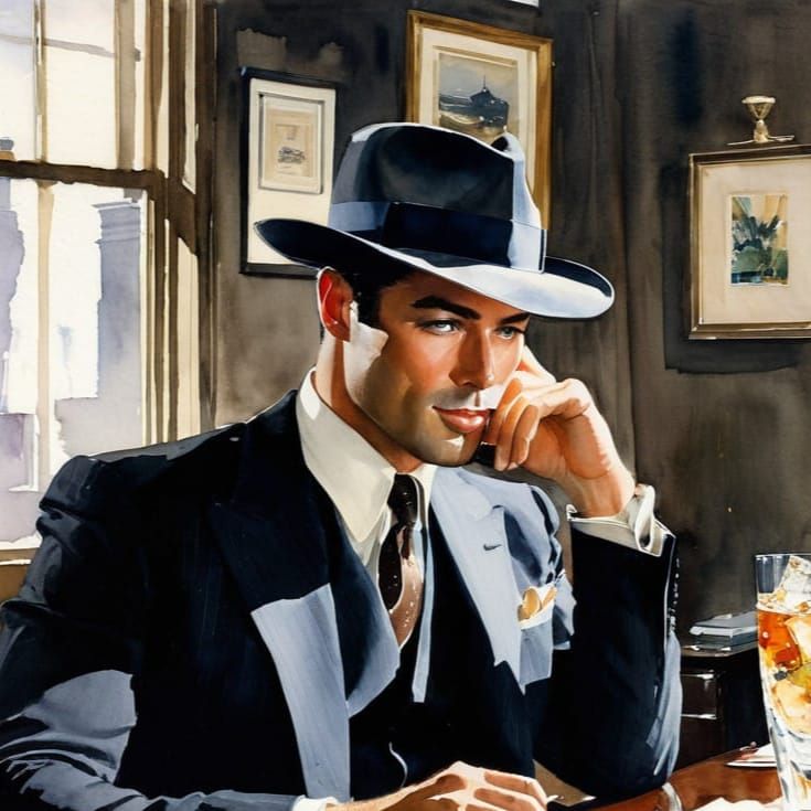 Sleek Man Smirks Behind Desk in Noir Impressionist Watercolo...