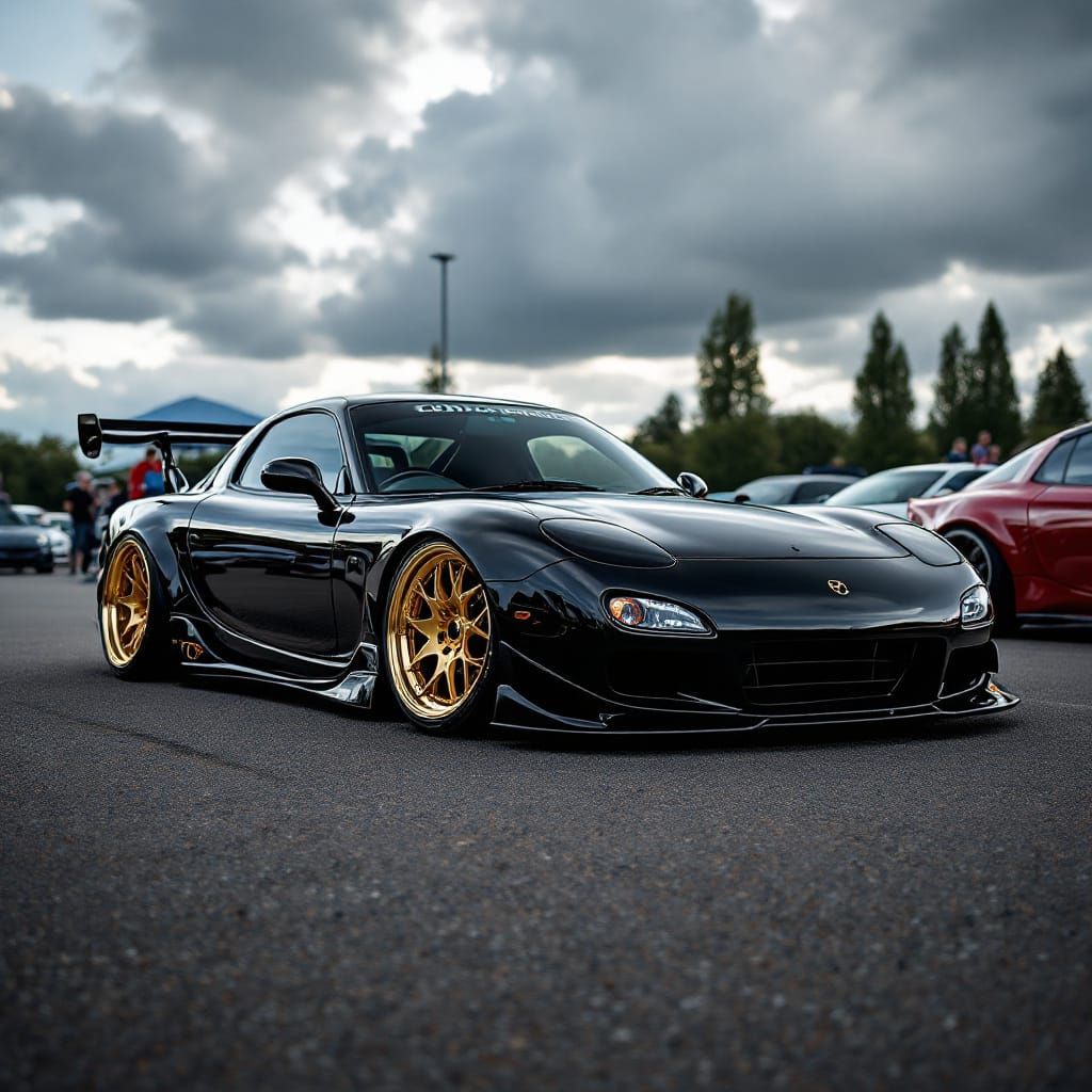 Modified Mazda RX7 with Gold Wheels at Castle Combe