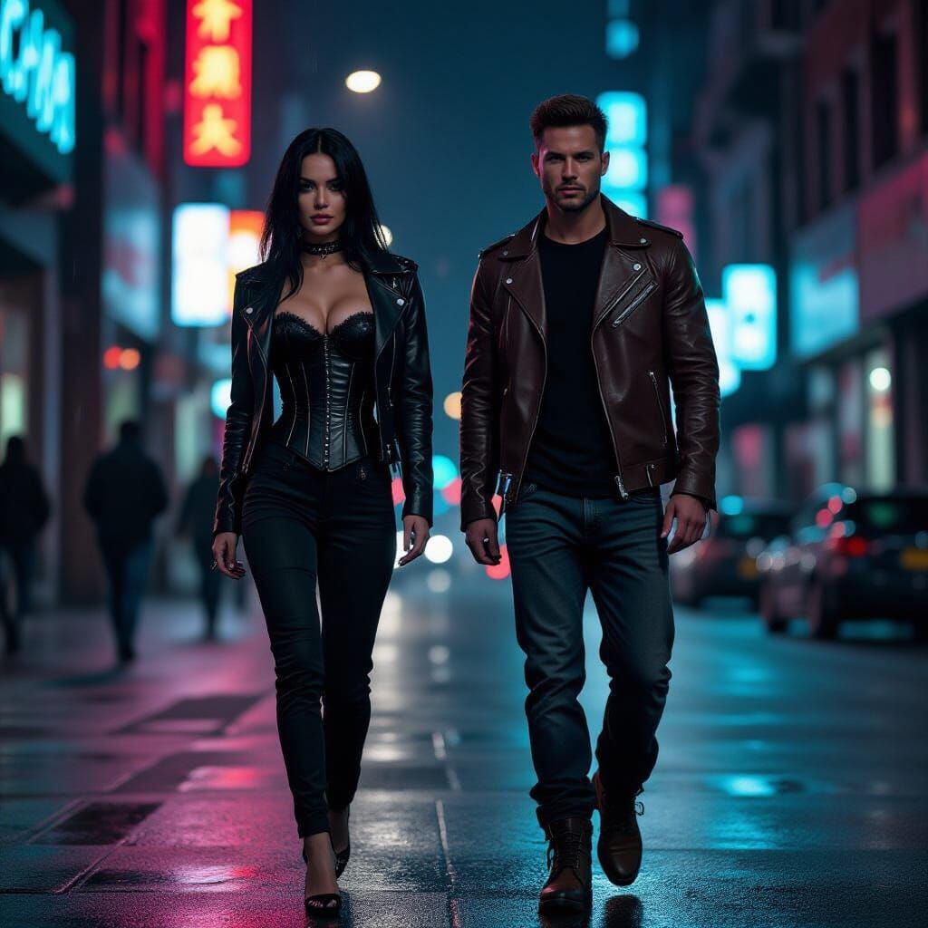 Cinematic Night City Scene with Neon Glow and Drizzle