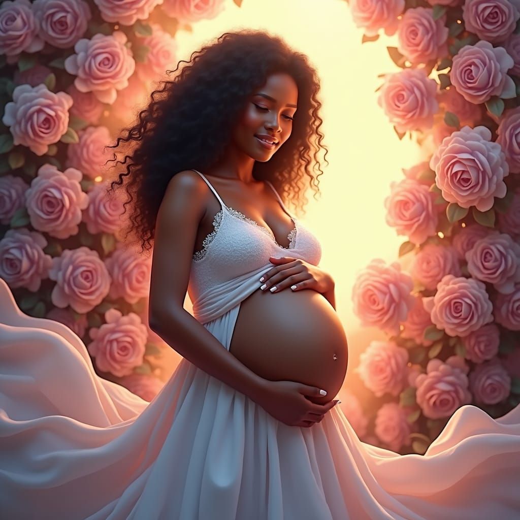 Serene Pregnant Woman Surrounded by Lush Florals