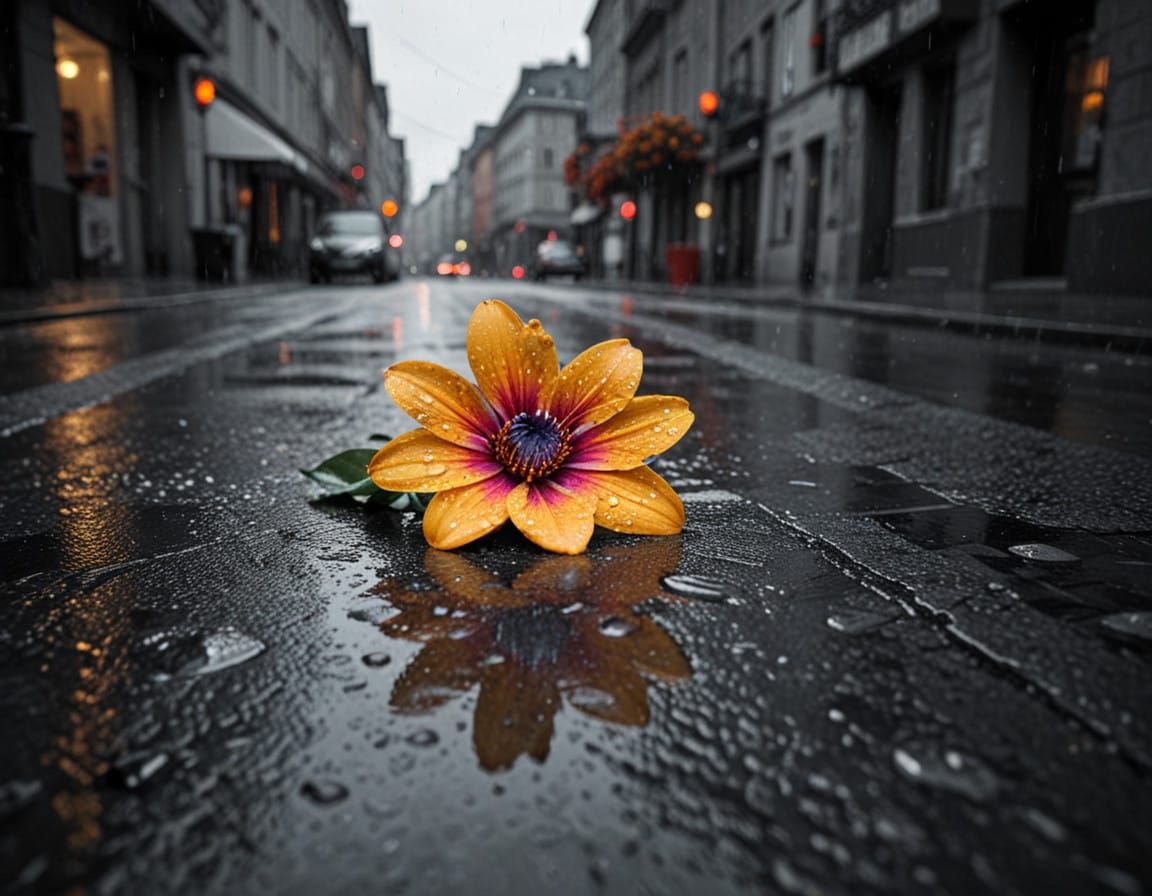 Selective Coloring of a Flower in a Rainy Street Scene