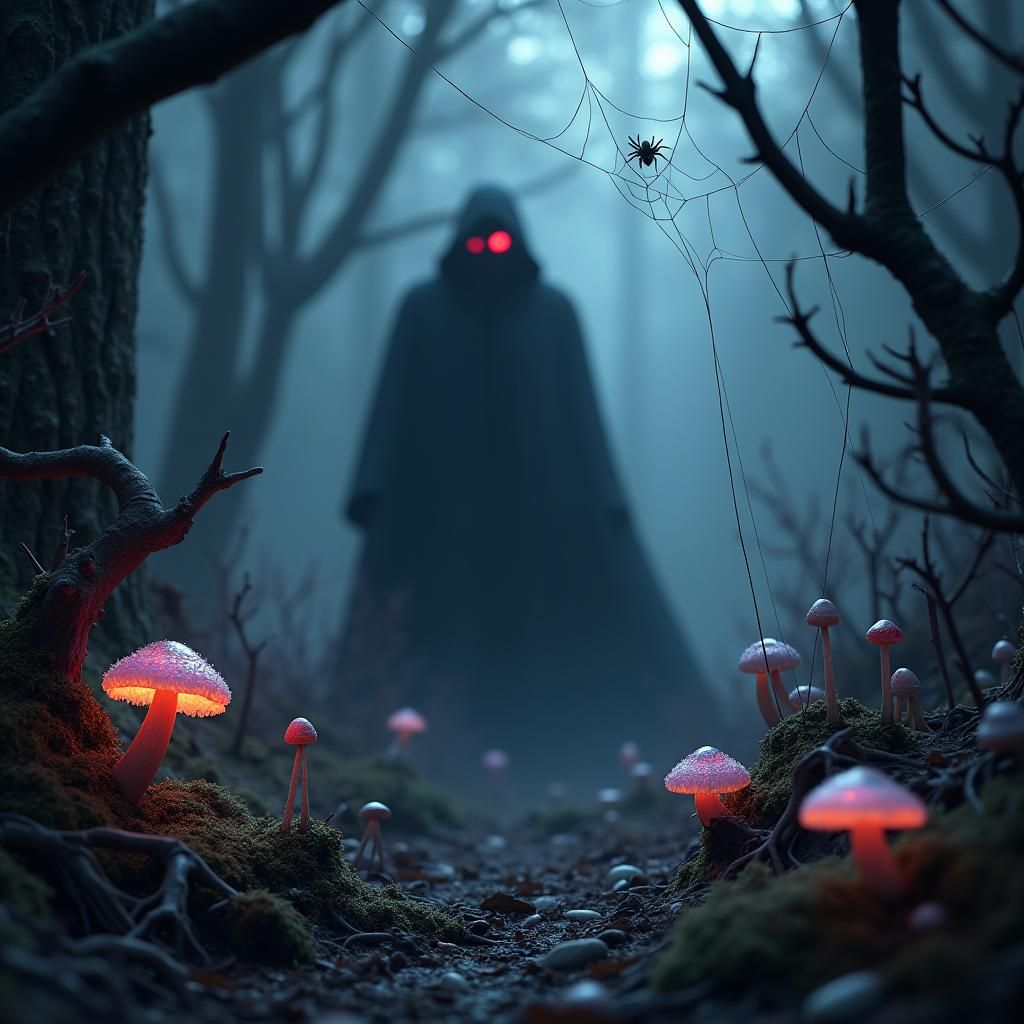 Mystical Forest Scene with Shadowy Figure