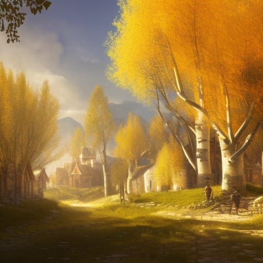 Medieval Village in Spring Sunlight: Dark Fantasy Art