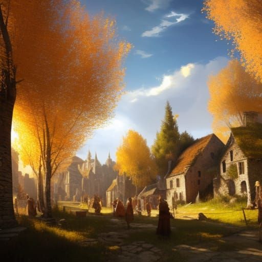Sunlit Medieval Village in Golden Aspen Forest