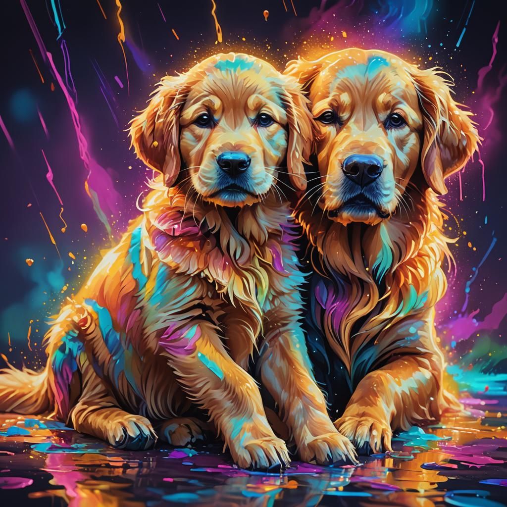 Neon Golden Retriever Puppy in Splash Art Style