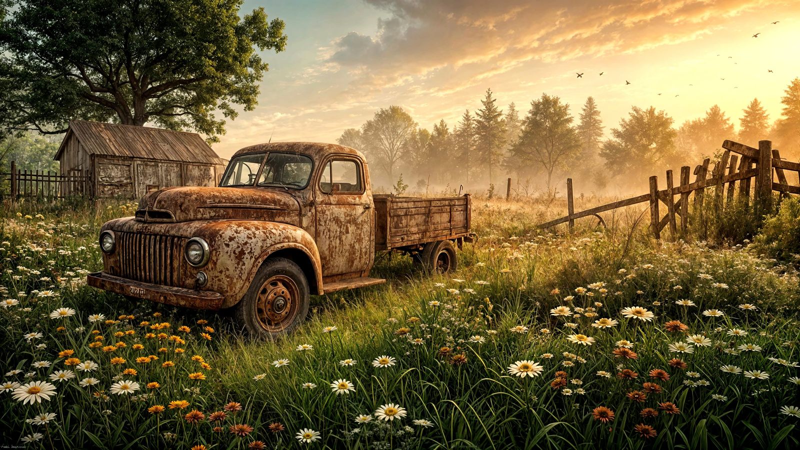 Abandoned Rusted Truck in Field, Detailed Realism