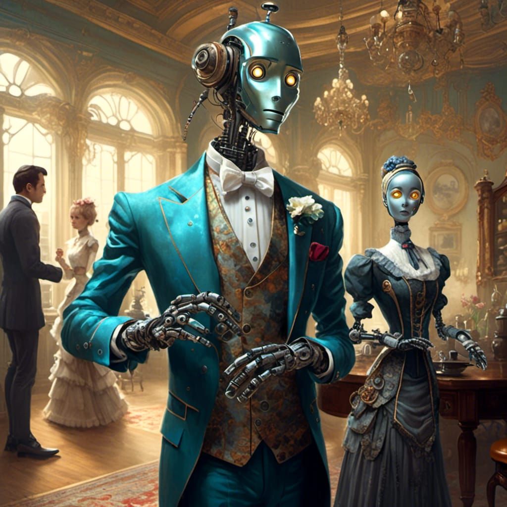 Victorian Robot Butler and Maid in Hyperreal Style