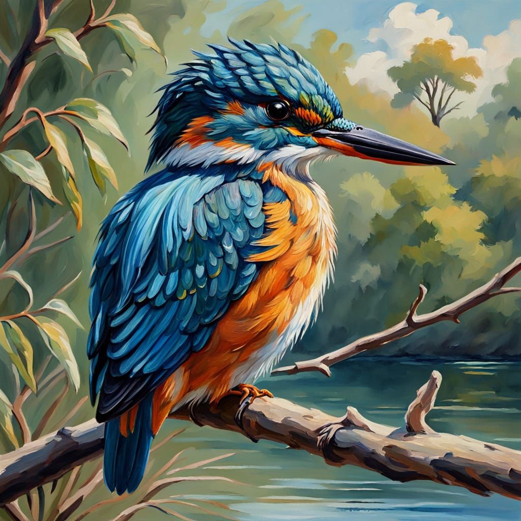 Vibrant Kingfisher Portrait in Thick Brush Strokes