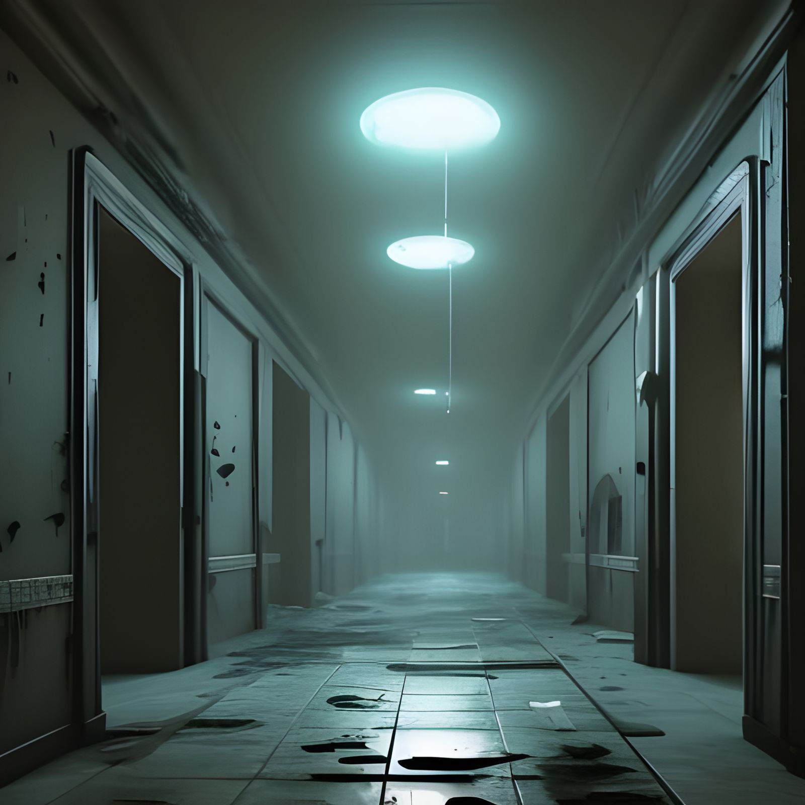 Sinister Abandoned Hospital Corridor at Night in Matte Paint...