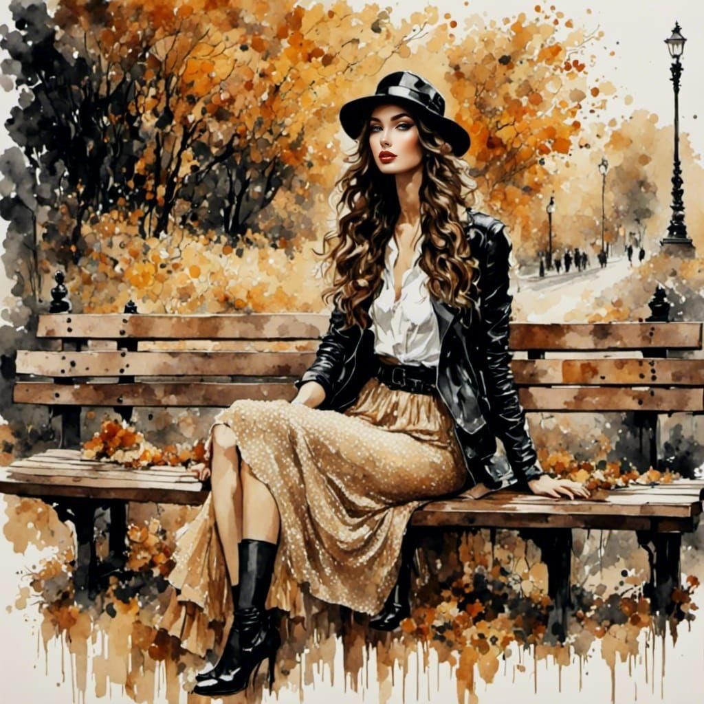 Woman on Park Bench in Boho Psychedelic Style