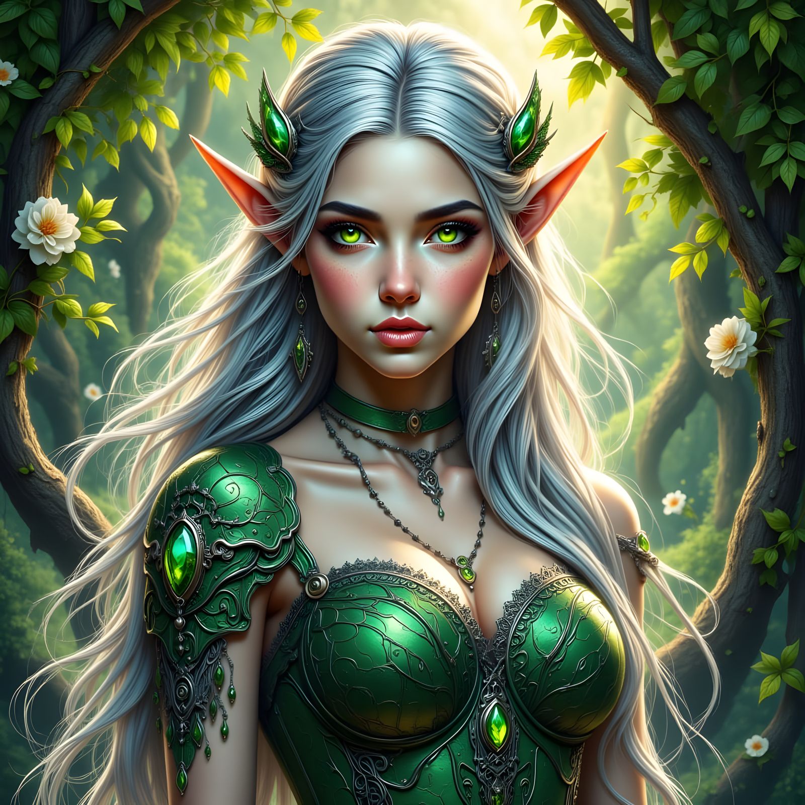 Elven Woman in Celestial Armor, Art Nouveau Style