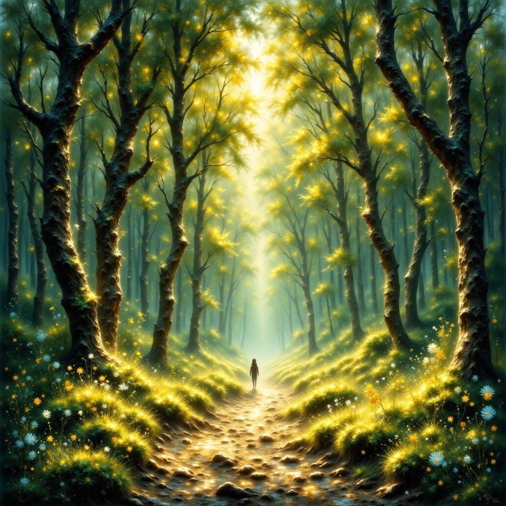 Tranquil Forest Path in Impressionistic Oil Painting Style