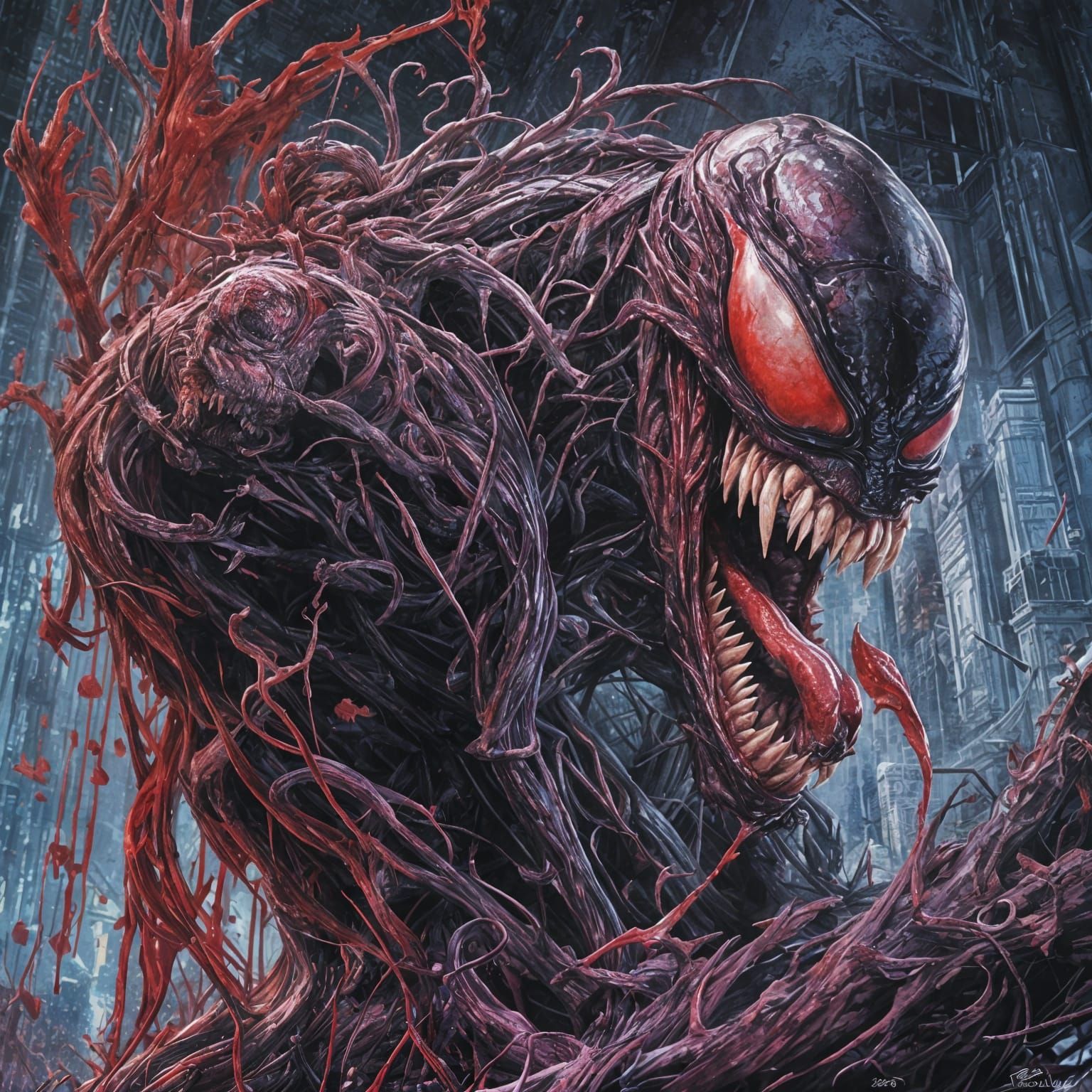 Venom Carnage Fusion in Cyberpunk Gouache Style