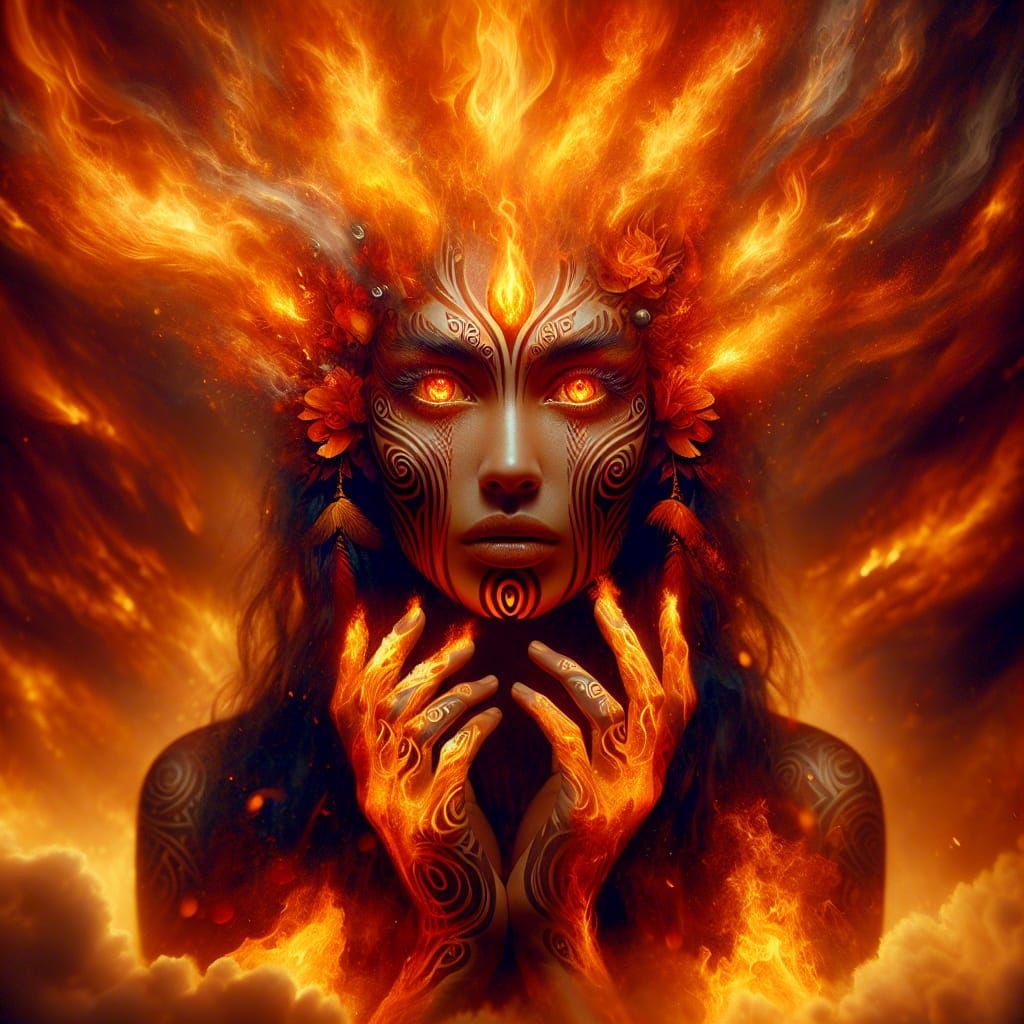 Mahuika: Maori Fire Goddess in Fiery Vortex