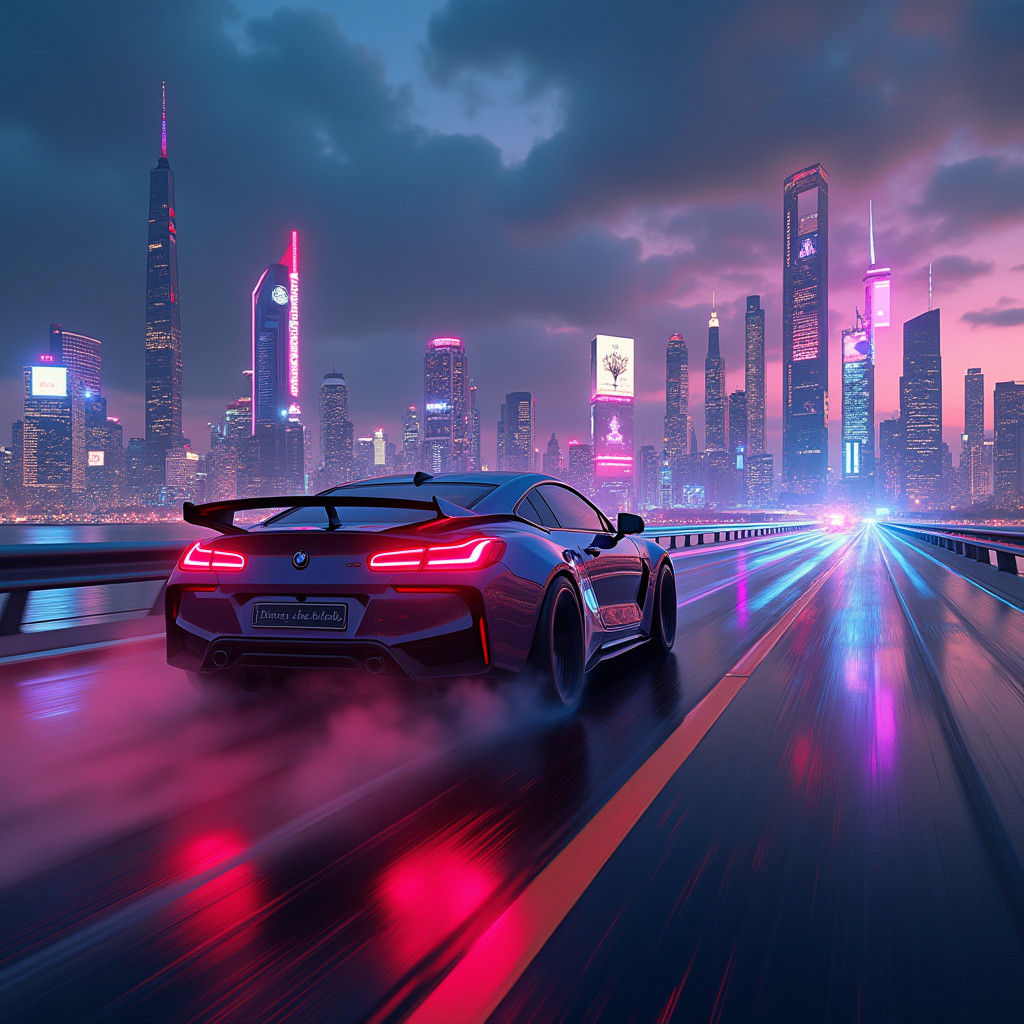 Neon BMW Speeds Through Dystopian Cyberpunk Metropolis