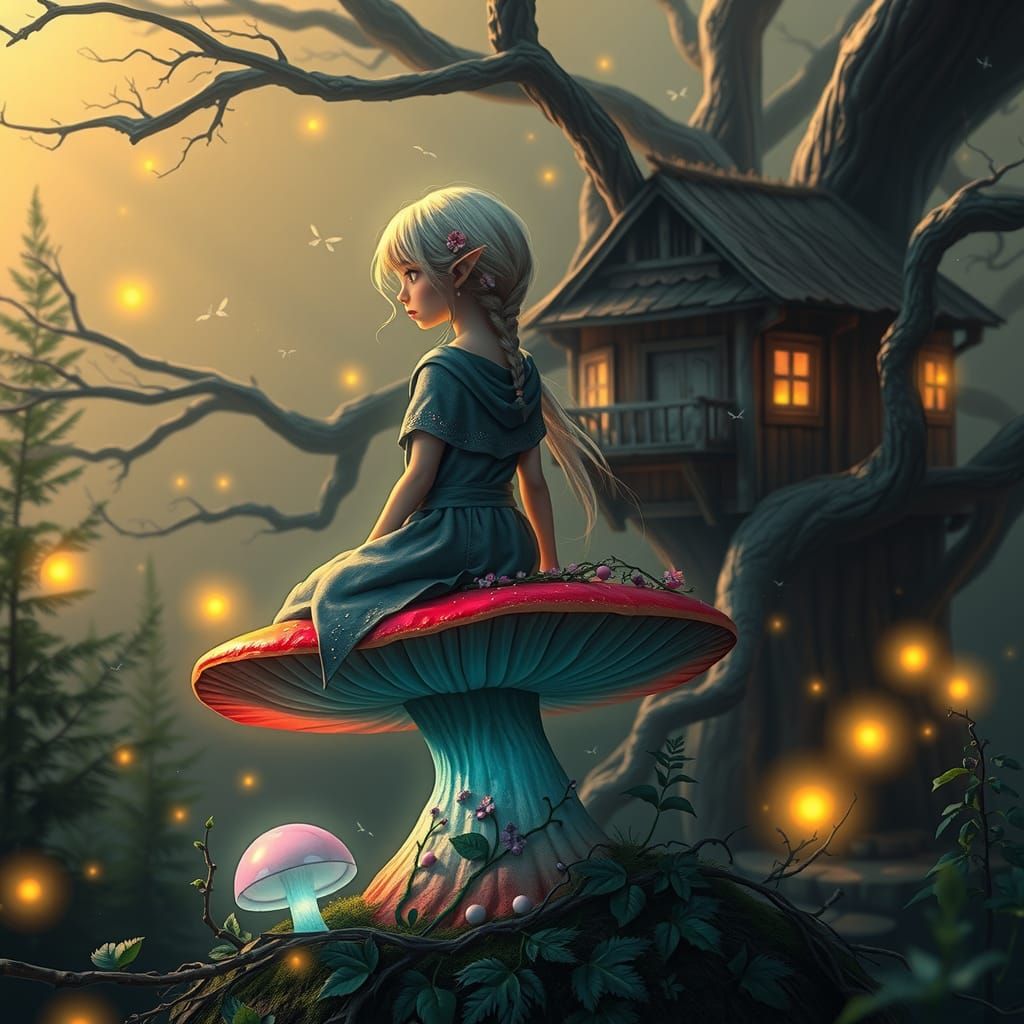 Elf on Mushroom in Enchanted Forest