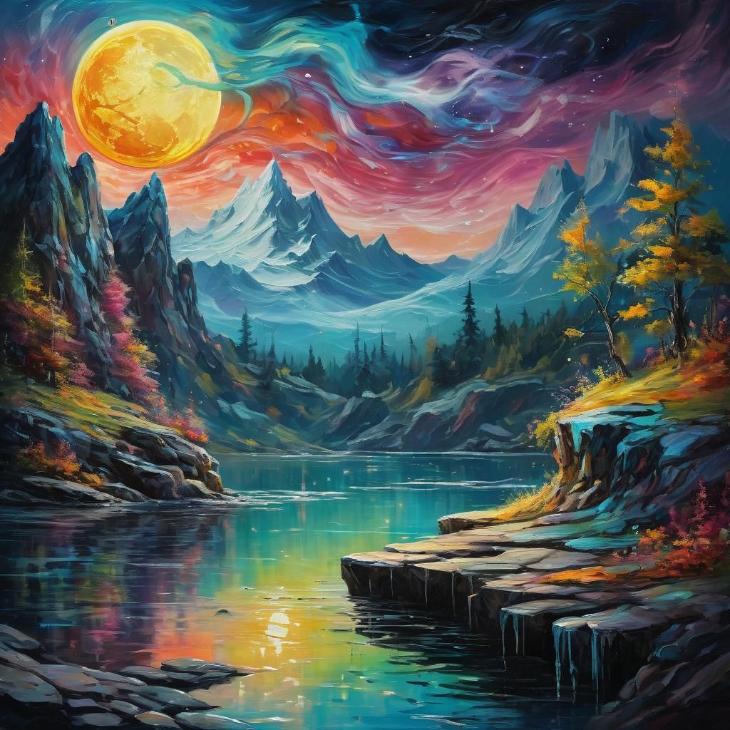 Colorful Longhaired Cat on Rock Under Full Moon