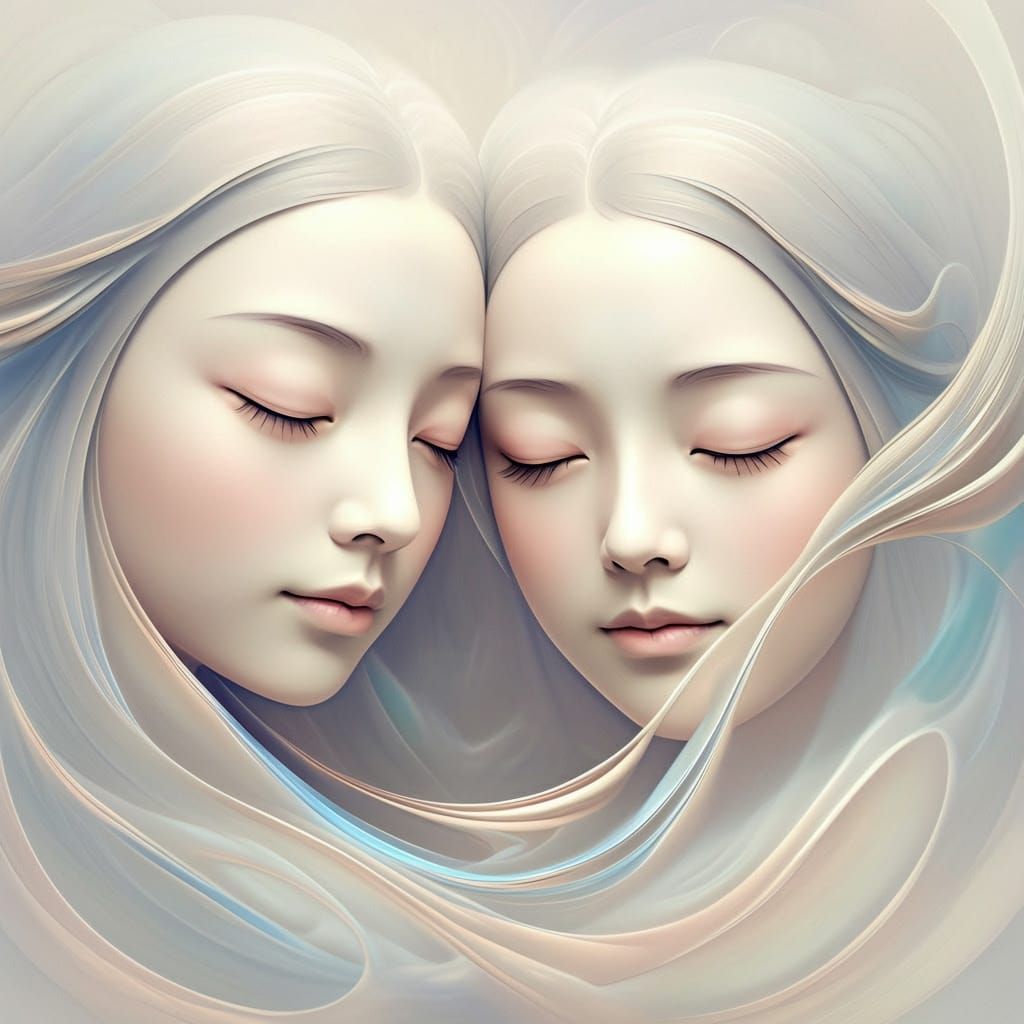 Ethereal Twin Goddesses Embracing in Soft Surrealism