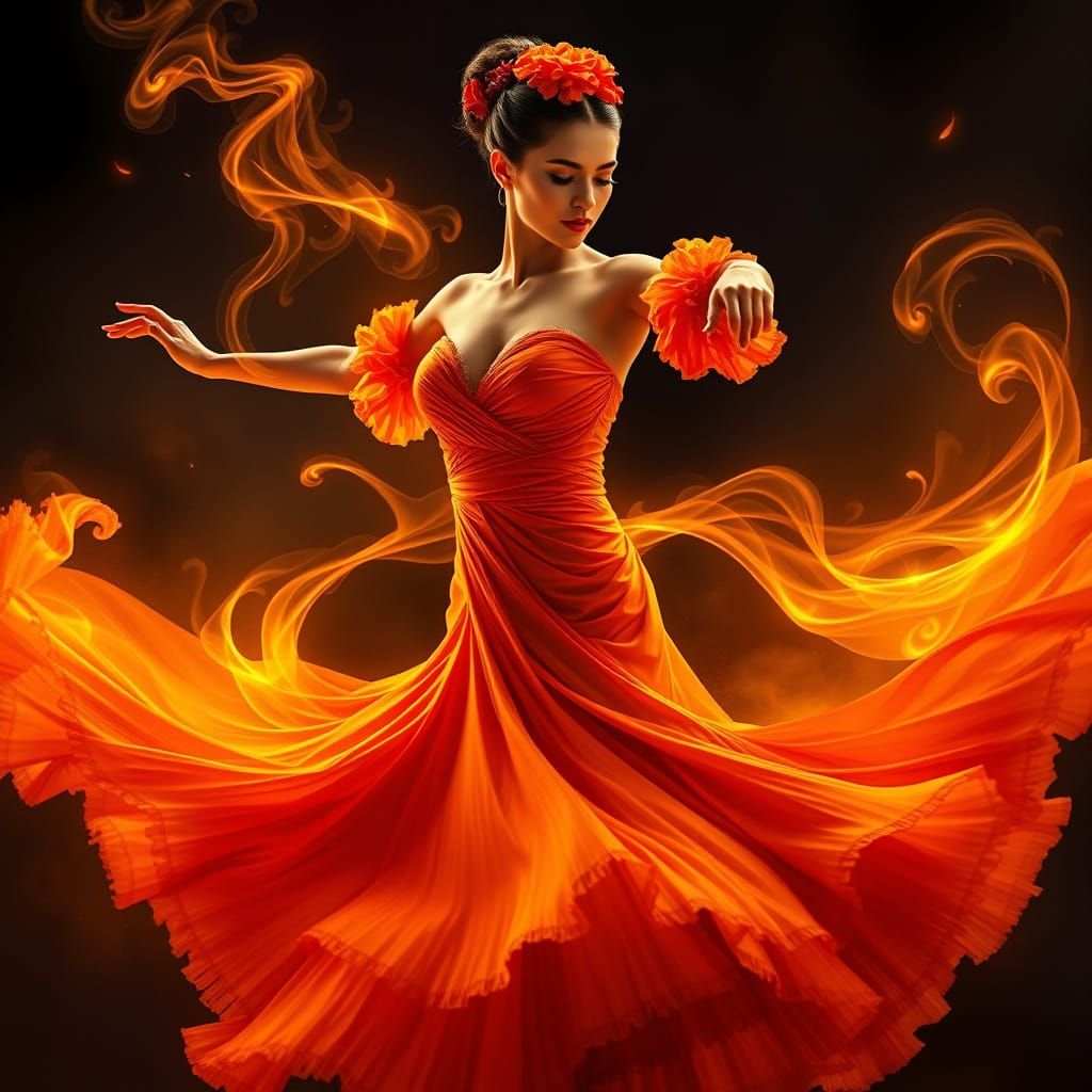 Flamenco Dancer with Fiery Swirling Dress