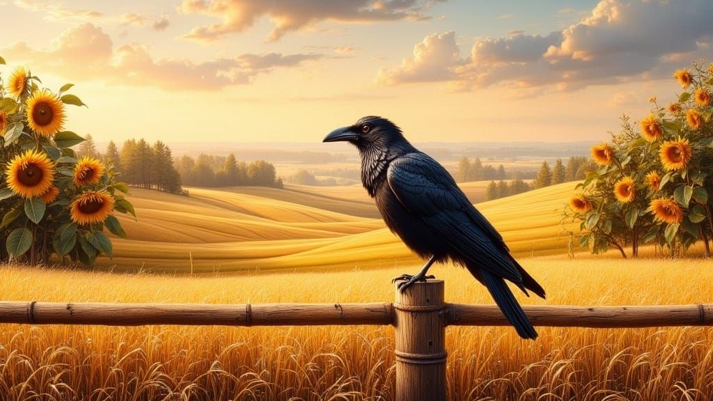 Crow in Sunlit Rural Landscape, Impressionist Style