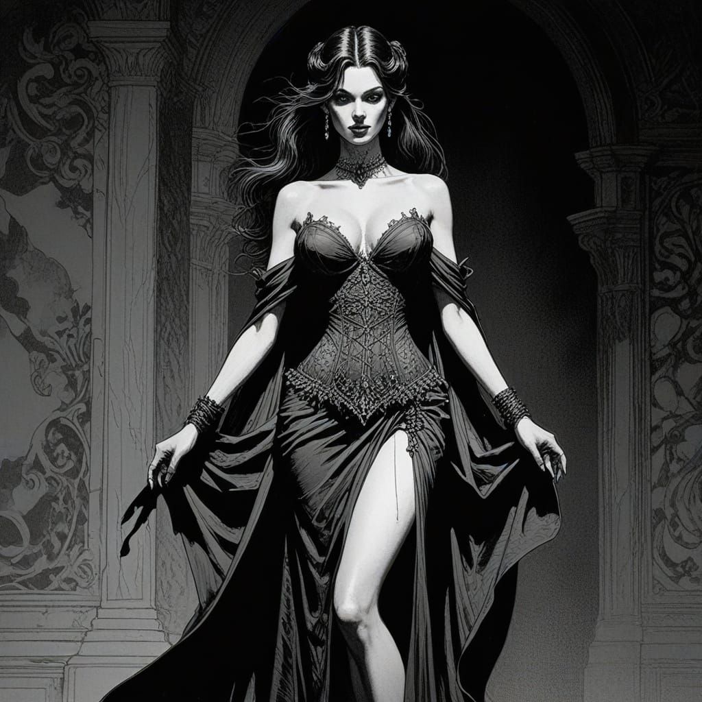 Vampiric Woman in Ornate Gown, Black Ink Drawing