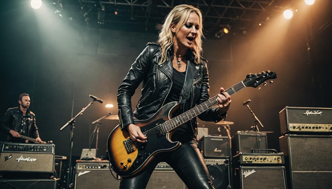 Guitarist Nita Strauss wearing a black leather jacket stands on stage with one foot resting on a speaker