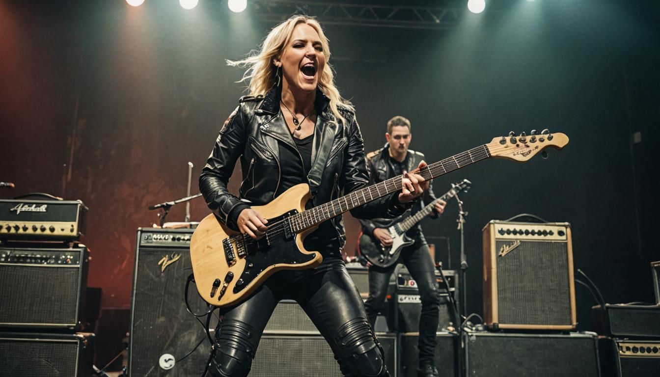 Guitarist Nita Strauss wearing a black leather jacket stands on stage with one foot resting on a speaker