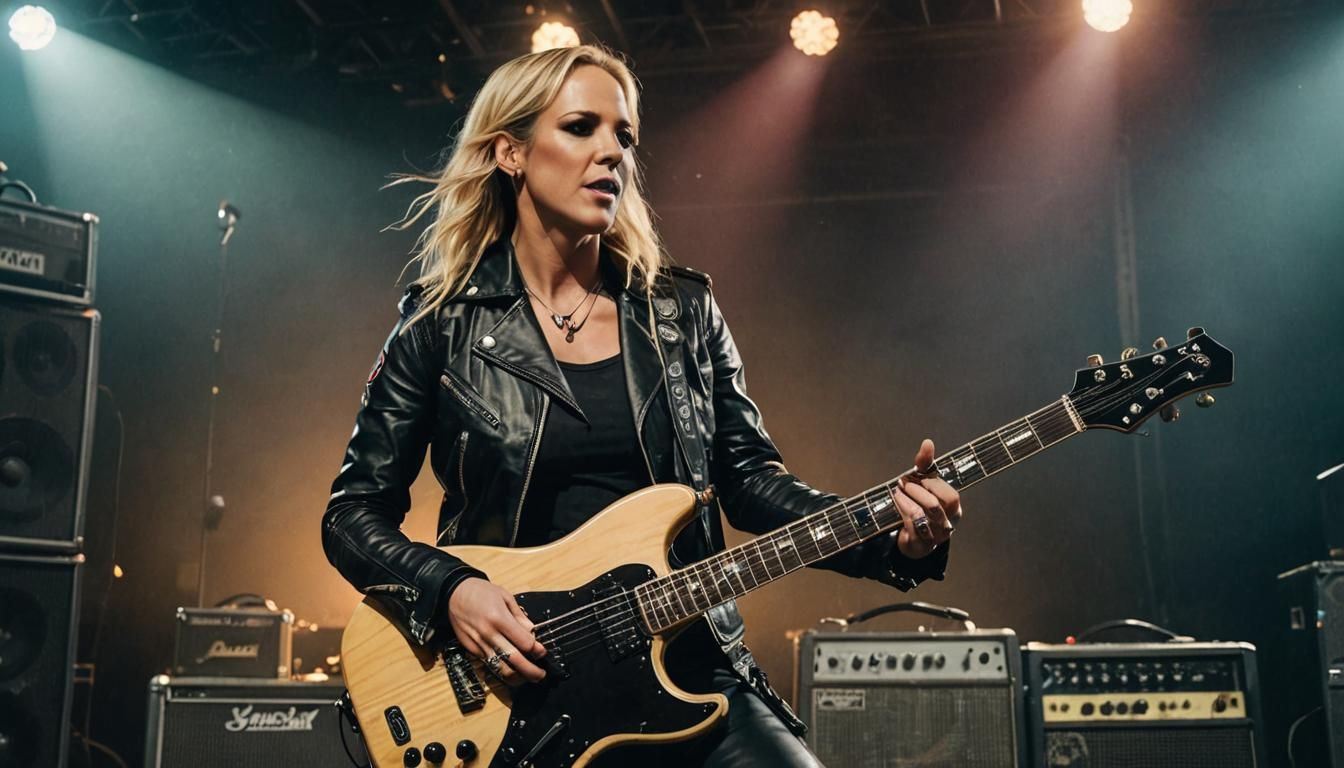 Guitarist Nita Strauss wearing a black leather jacket stands on stage with one foot resting on a speaker