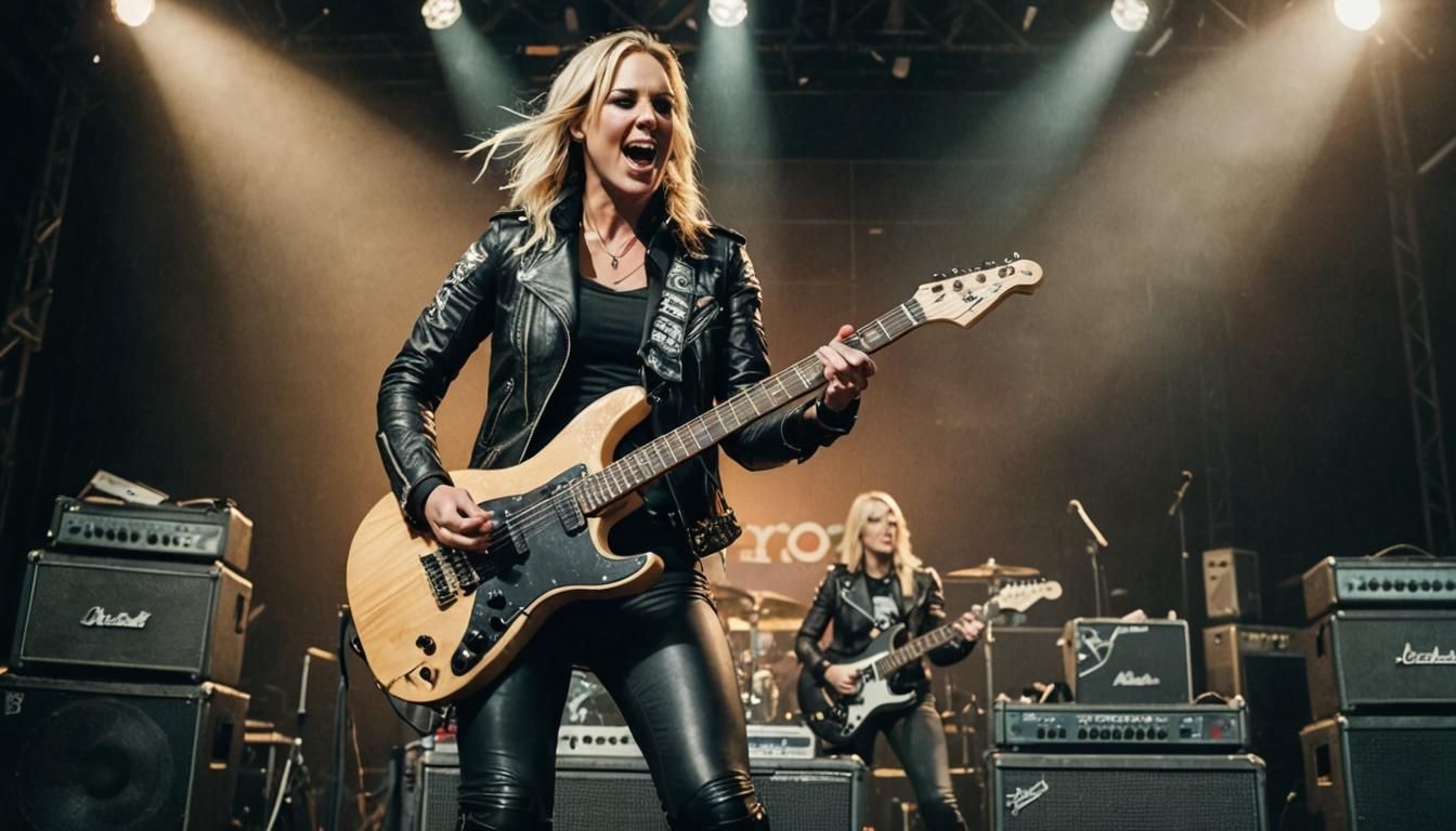 Guitarist Nita Strauss wearing a black leather jacket stands on stage with one foot resting on a speaker