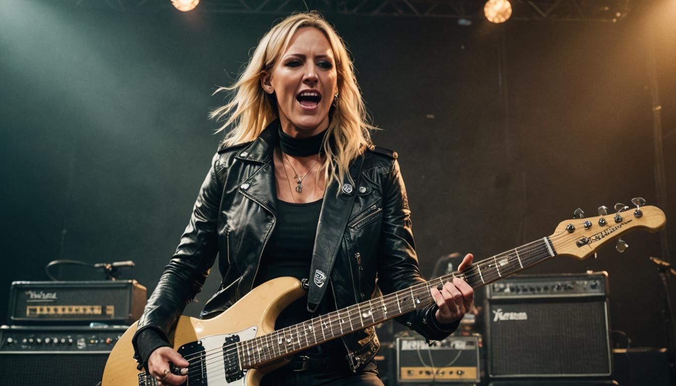 Guitarist Nita Strauss wearing a black leather jacket stands on stage with one foot resting on a speaker