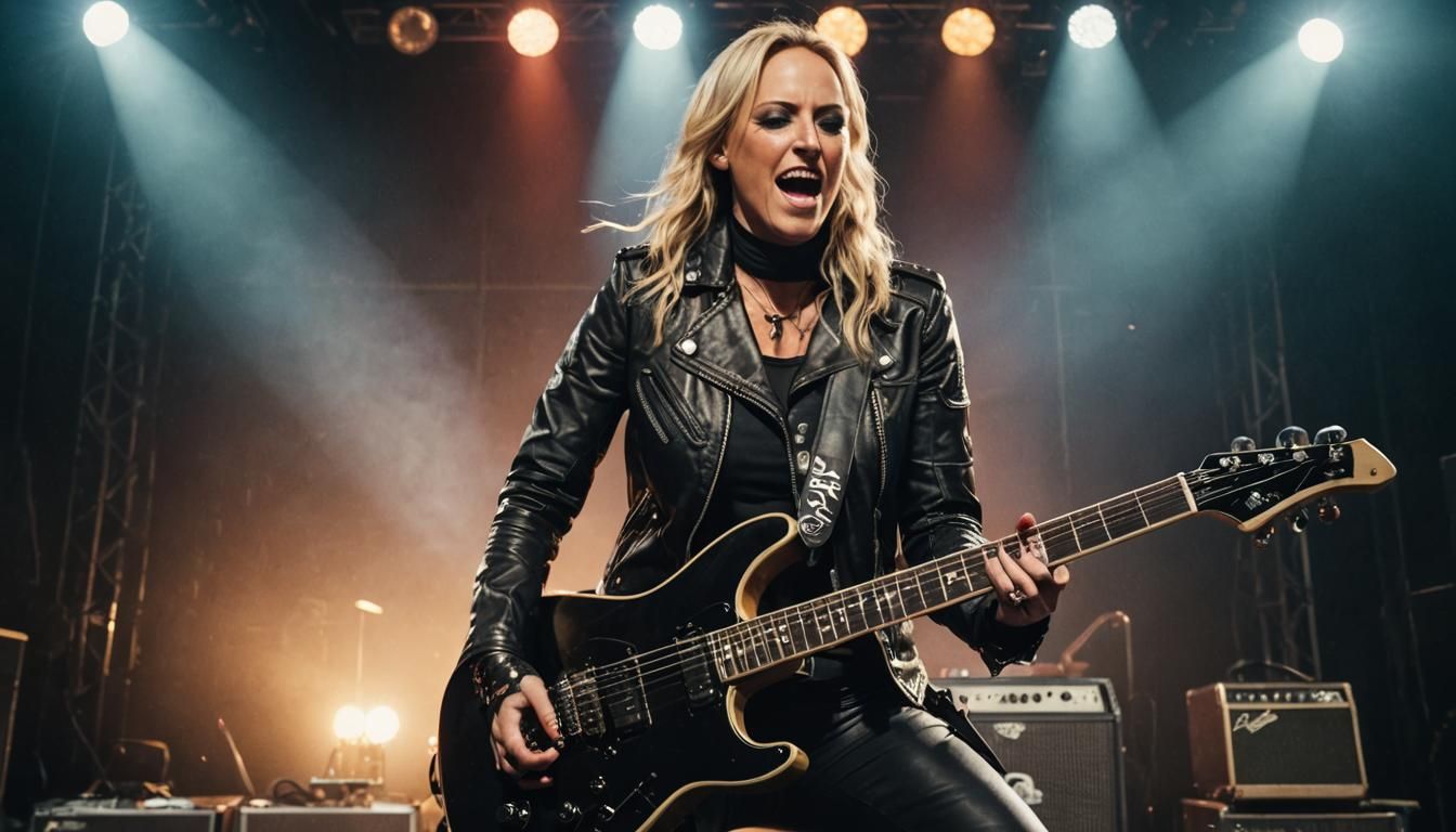 Guitarist Nita Strauss wearing a black leather jacket stands on stage with one foot resting on a speaker