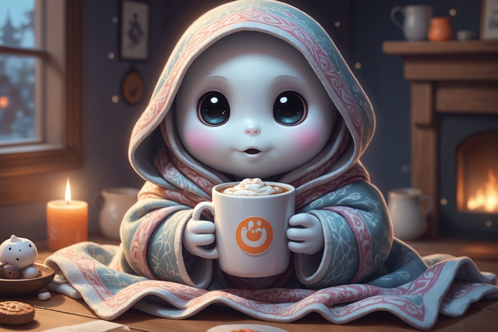 Adorable Tiny Ghost with Cocoa in Cartoon Style