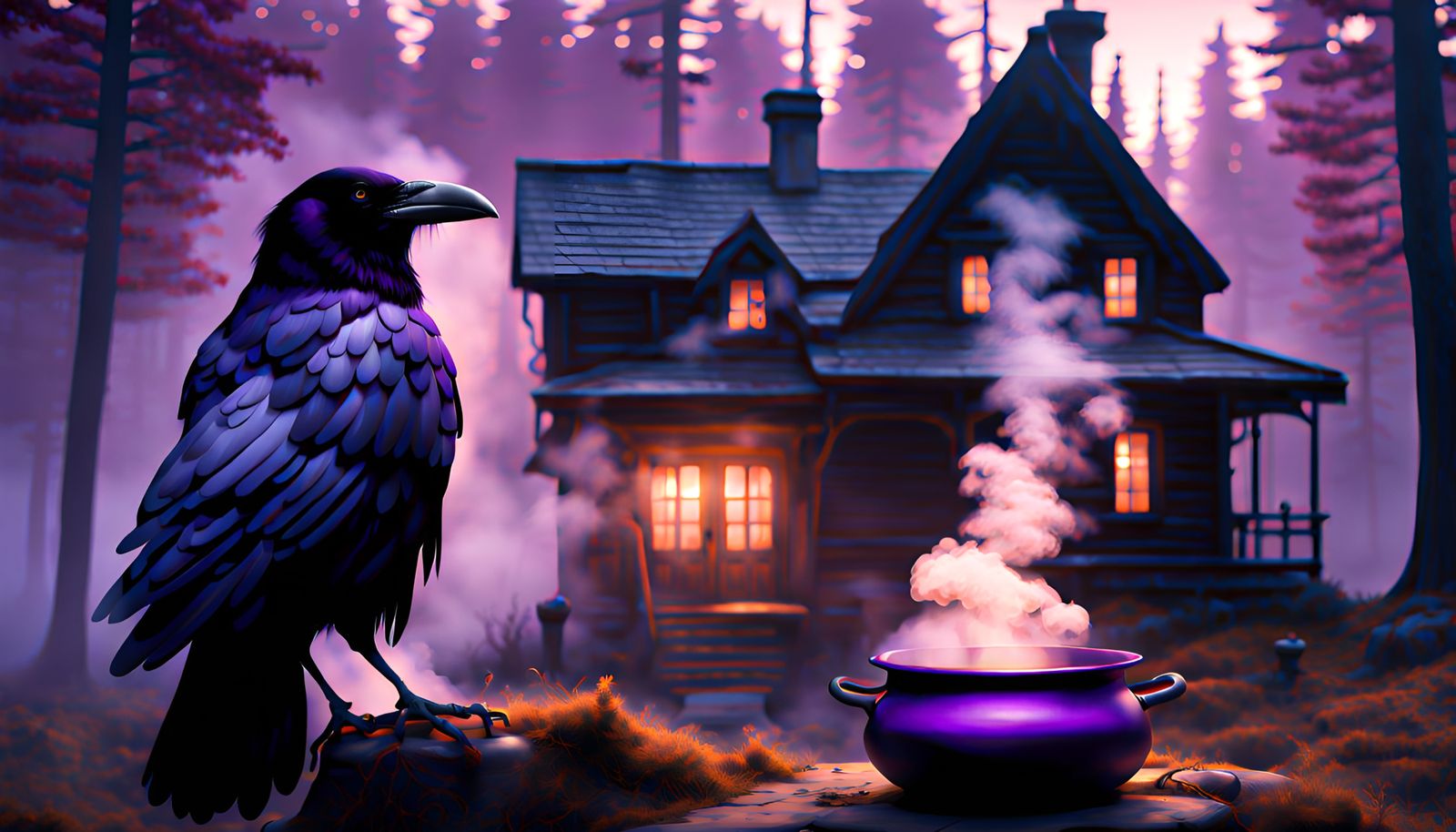 Raven in Witch Hat by Cauldron