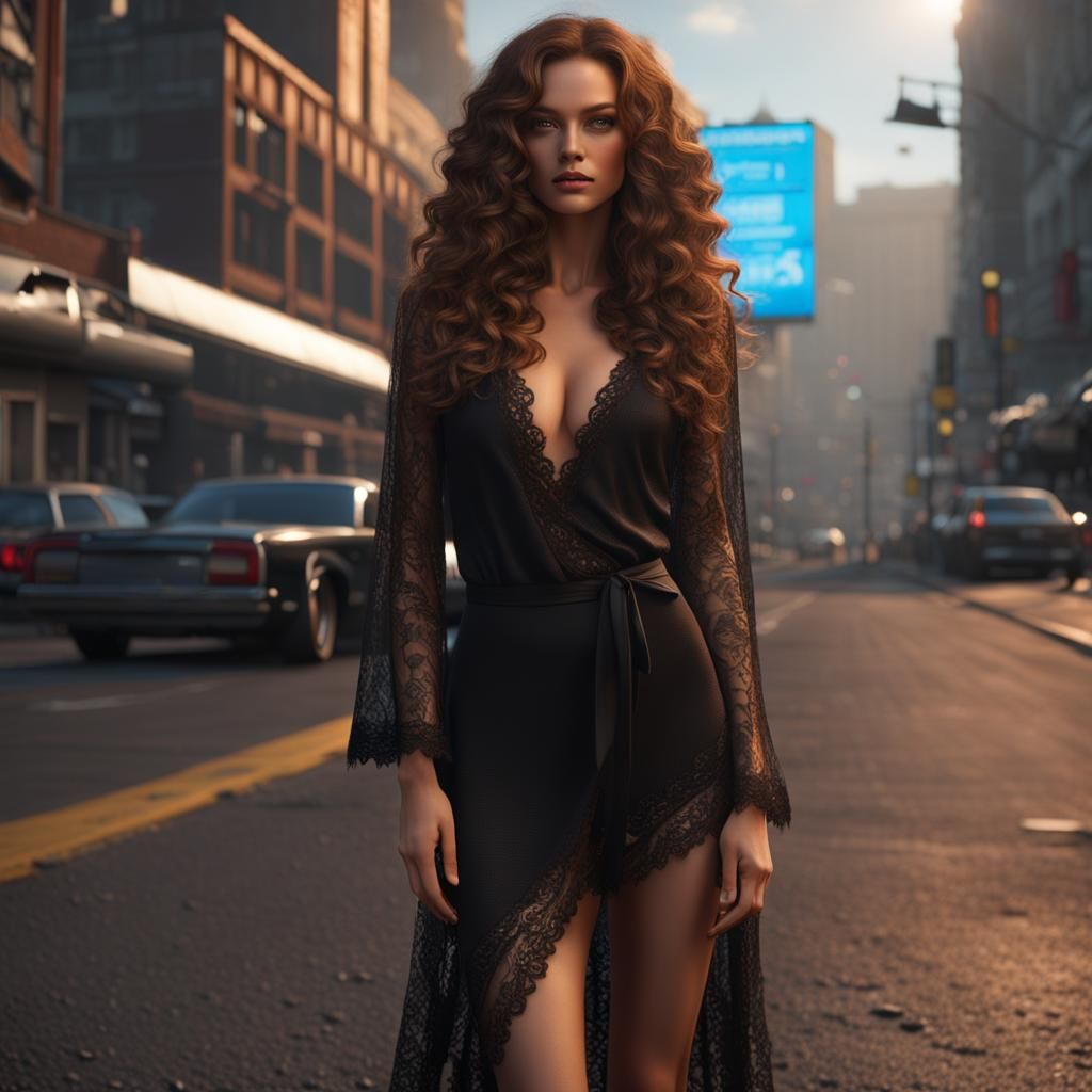 Modern Model in Black Negligee, Cinematic 3D Render