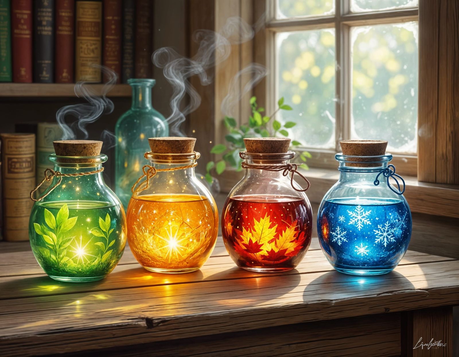 Four Seasons Potion Jars on Alchemist's Table Illustration
